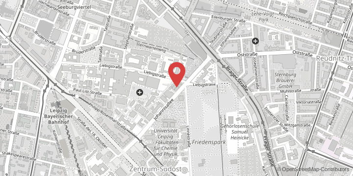 the map shows the following location: Institute of Forensic Medicine, Johannisallee 28, 04103 Leipzig
